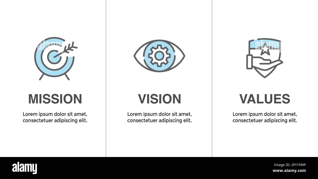 Symbolsatz „Mission Vision & Values“ mit Mission Statement, Vision Icon ...