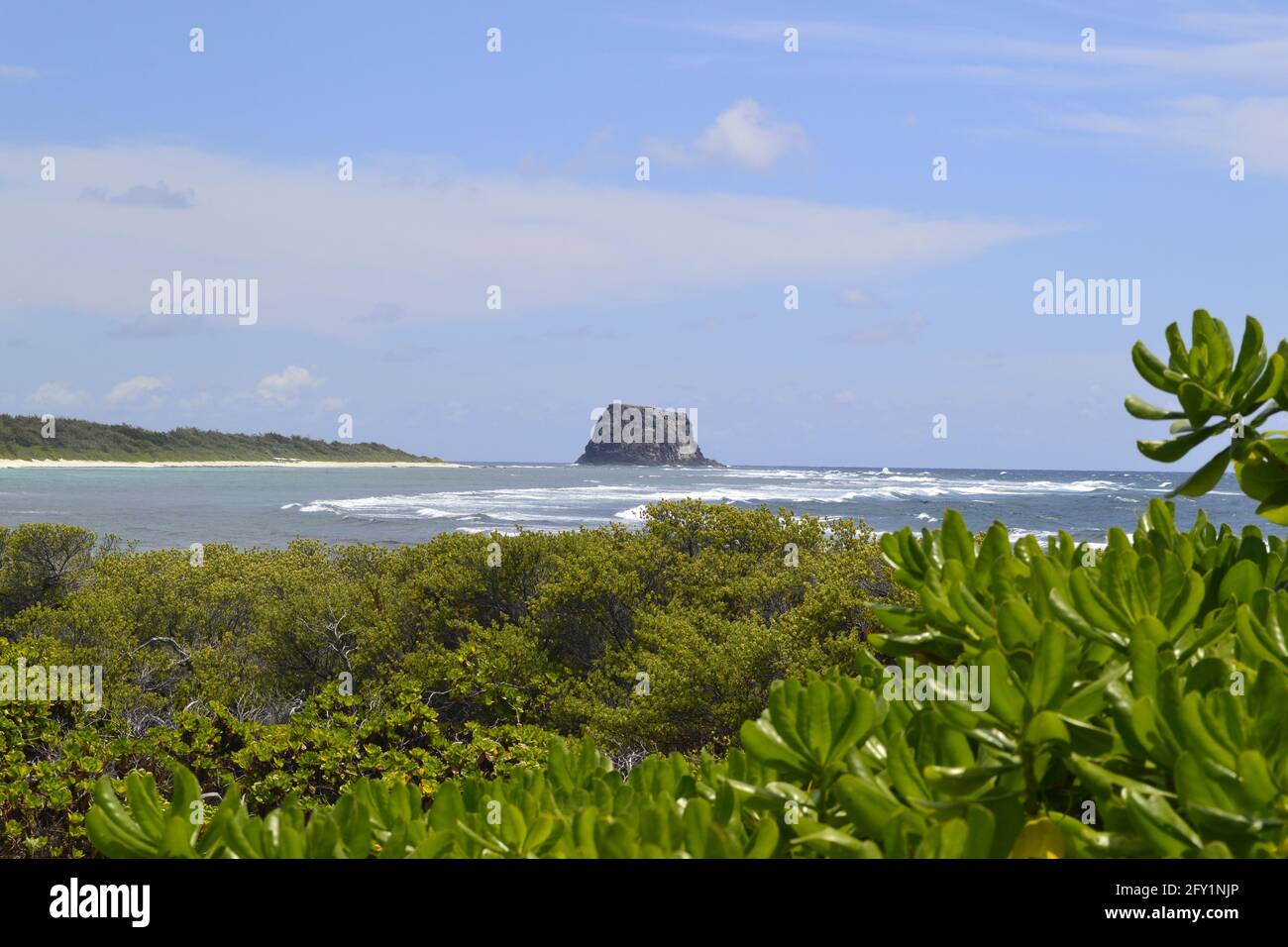 Schöner und ruhiger Blick auf die schneeweißen Sandstrände auf einer kleinen Insel namens Flat Island im Norden von Mauritius, Indischer Ozean Stockfoto