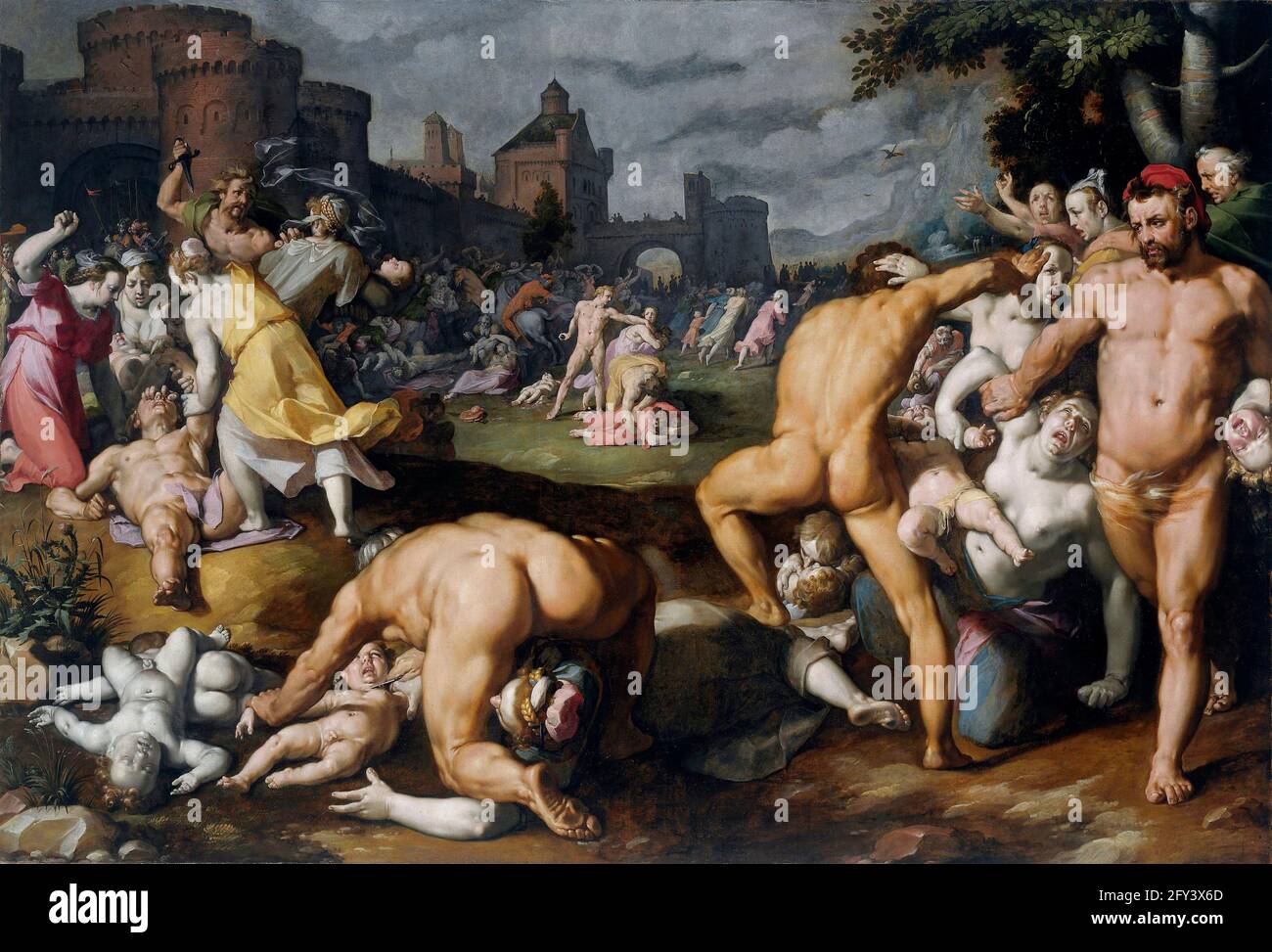 Cornelis van Haarlem. Das Massaker der Unschuldigen vom niederländischen Maler des Goldenen Zeitalters, Cornelis Corneliszoon van Haarlem (1562-1638), Öl auf Leinwand, 1590 Stockfoto