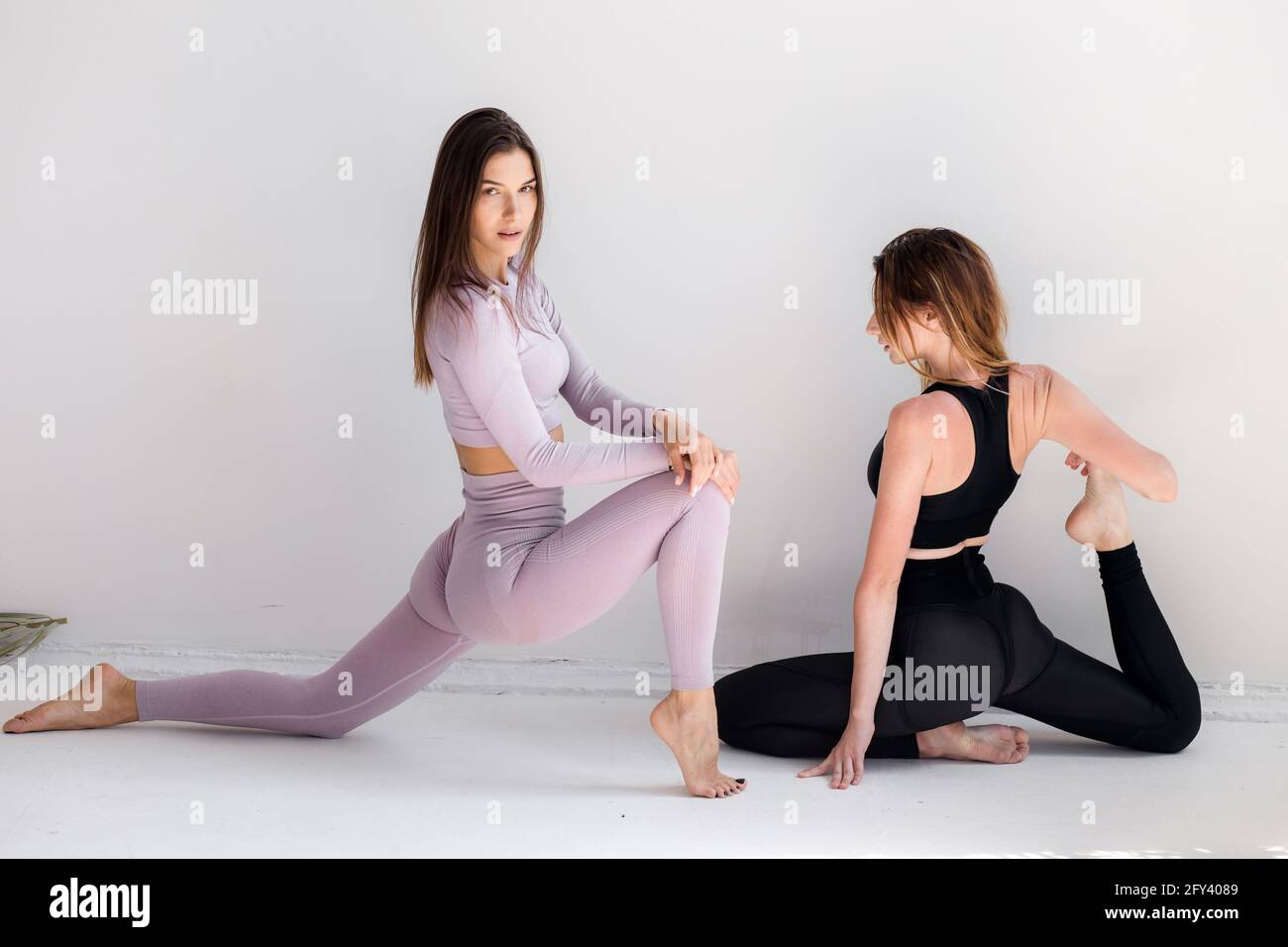 Schöne sportliche Frauen machen Übungen auf weißem Hintergrund. Fitness. Stockfoto