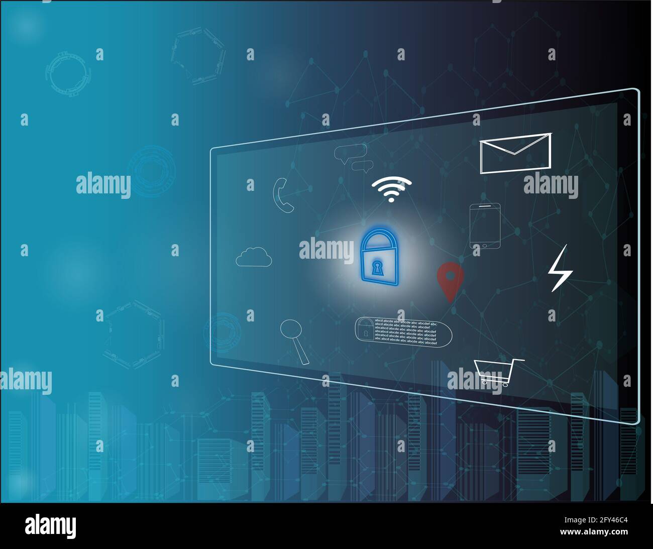 Blauer Interface-Hintergrund mit Icons Set, Online-Shopping, Zahlung oder Schutz von persönlichen Daten Konzept. Stockfoto