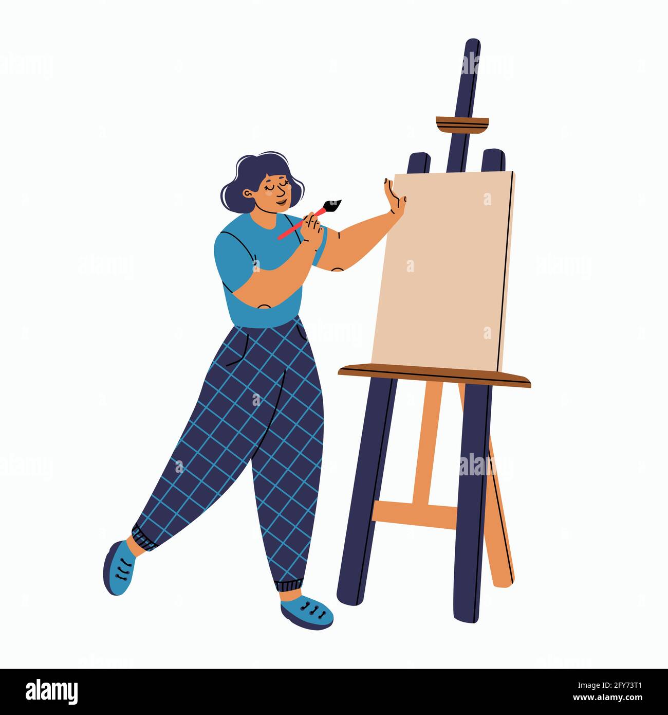 Mädchen Künstlerin mit einer hohen Staffelei. Isolierte Illustration für die Konstruktion. Stock Vektor