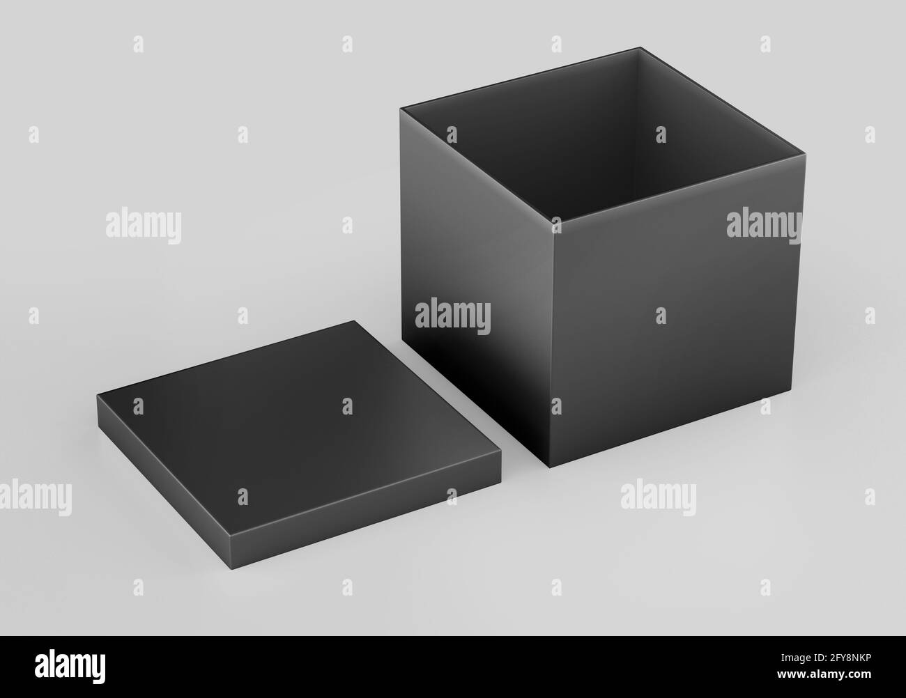 Black Square Box Mockup, dunkler Karton-Behälter aus Papier, 3d-gerendert isoliert auf hellem Hintergrund, bereit für Ihr Design Stockfoto