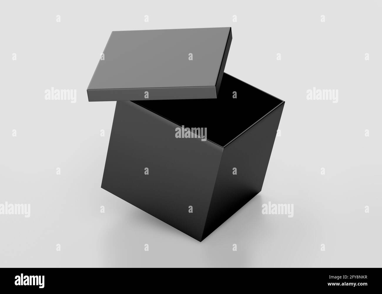 Black Square Box Mockup, dunkler Karton-Behälter aus Papier, 3d-gerendert isoliert auf hellem Hintergrund, bereit für Ihr Design Stockfoto