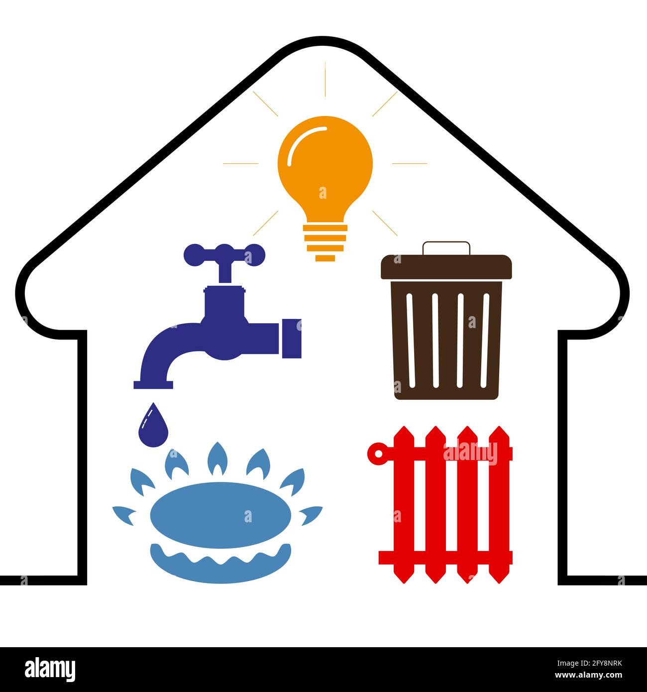 Symbole für die Energieversorgung: Wasser, Gas, Beleuchtung, Heizung, Abfall. Flacher Stil. Ikonen der Kommunikation im Haus. Vektorgrafik im flachen Stil Stock Vektor