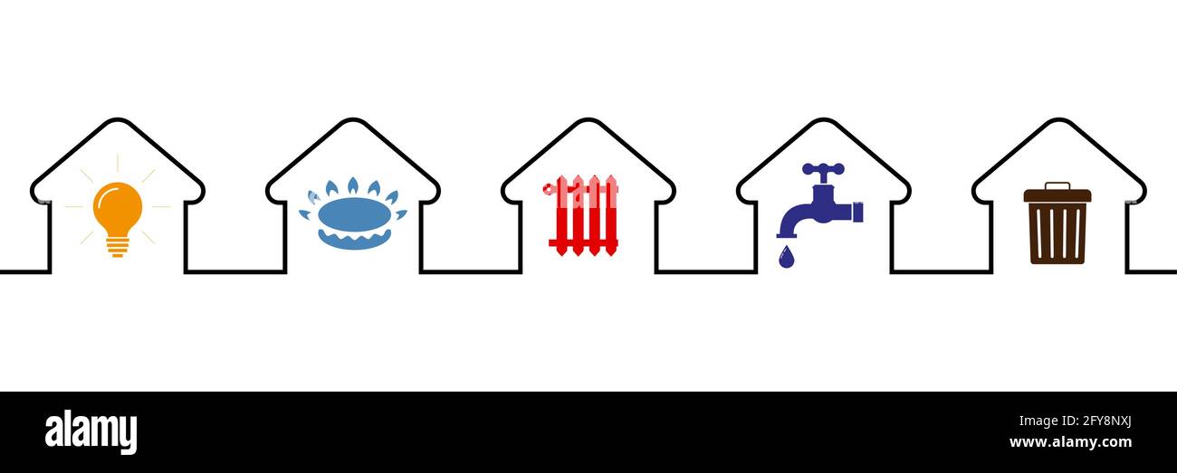 Symbole für die Energieversorgung: Wasser, Gas, Beleuchtung, Heizung, Abfall. Flacher Stil. Ikonen der Kommunikation im Haus. Vektorgrafik im flachen Stil Stock Vektor