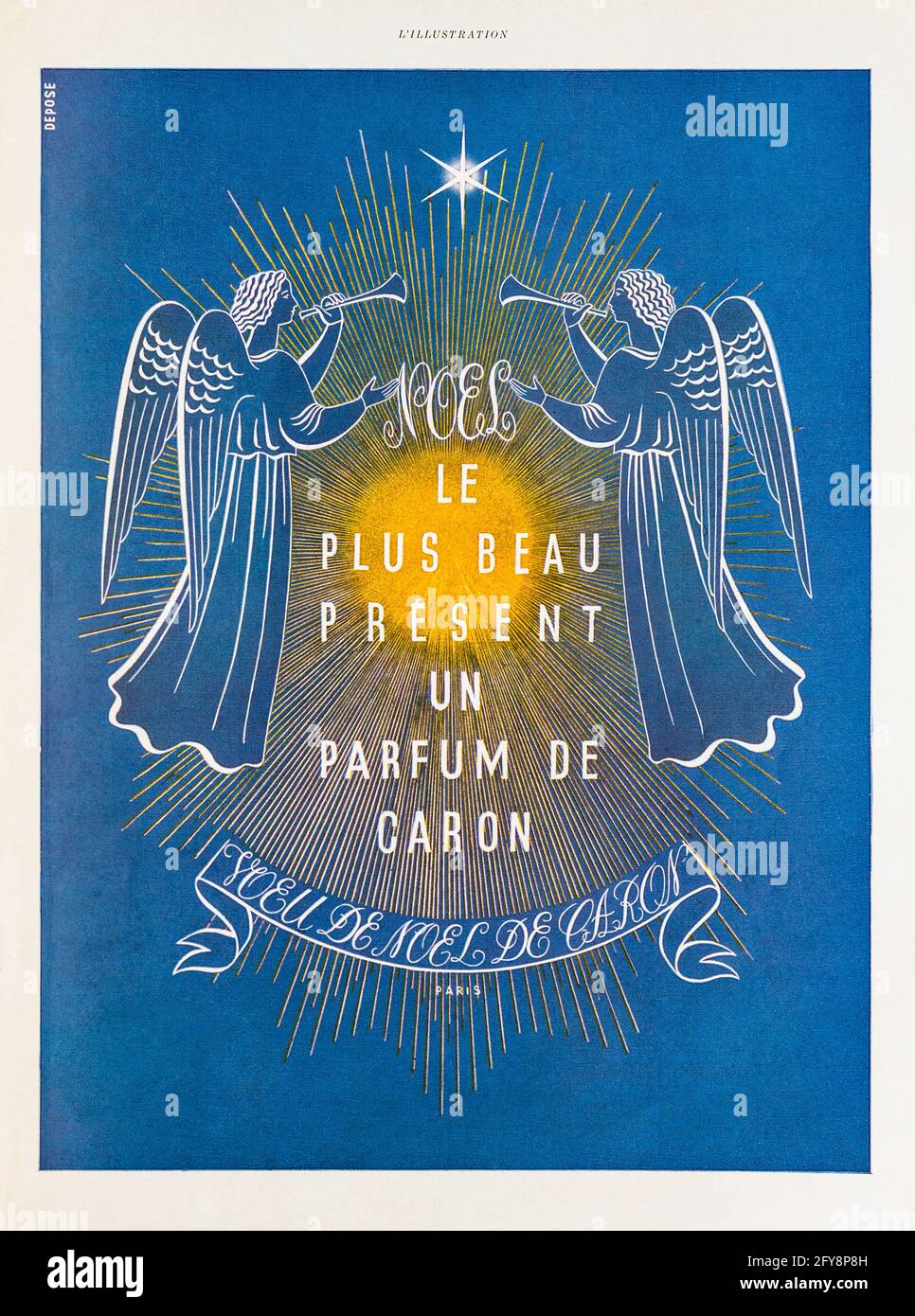 Werbung der französischen Zeitschrift L'Illustration aus den 1940er Jahren für das Parfüm „Voeu de Noel“ (Weihnachtswunsch) von Caron aus Paris. Stockfoto
