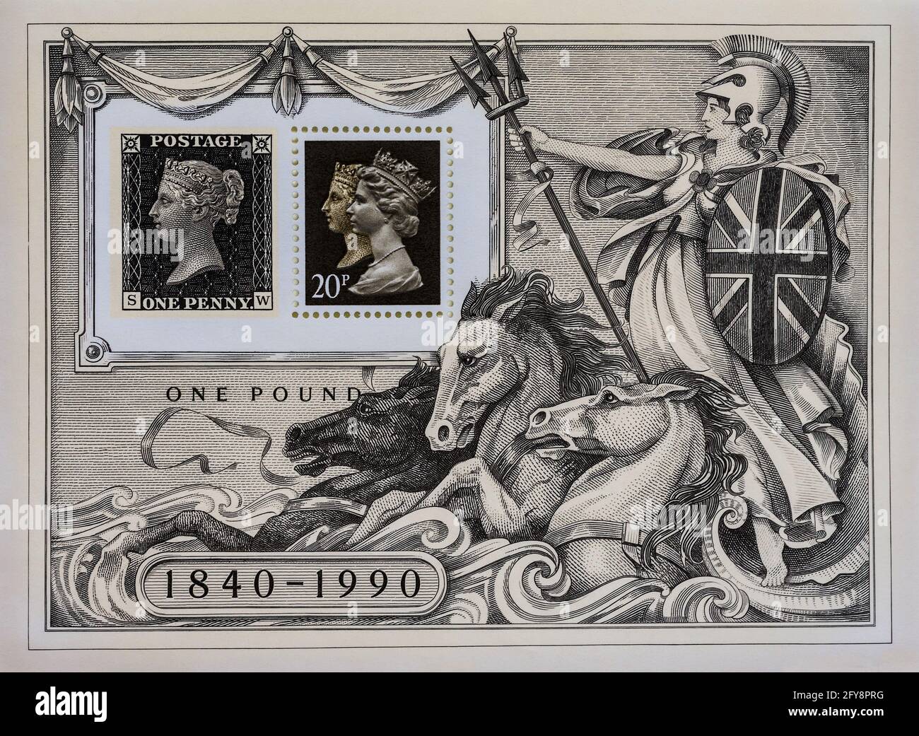 1990 GB Kleinbogen zum 150-jährigen Jubiläum der Briefmarke Penny Black. Stockfoto
