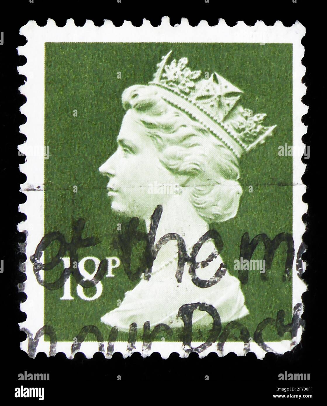 MOSKAU, RUSSLAND - 23. SEPTEMBER 2019: Die in Großbritannien gedruckte Briefmarke zeigt Queen Elizabeth II, Decimal Machin Serie, um 1987 Stockfoto