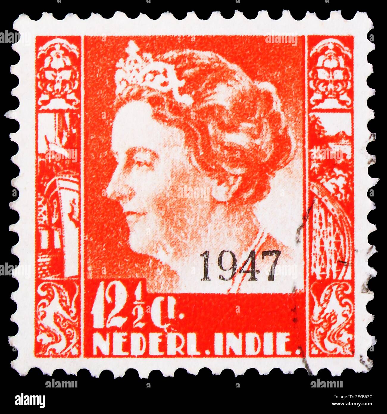 MOSKAU, RUSSLAND - 23. SEPTEMBER 2019: In den Niederlanden gedruckte Briefmarke zeigt Königin Wilhelmina (überdruckt), Typ 'Kreisler' Serie, um 1947 Stockfoto