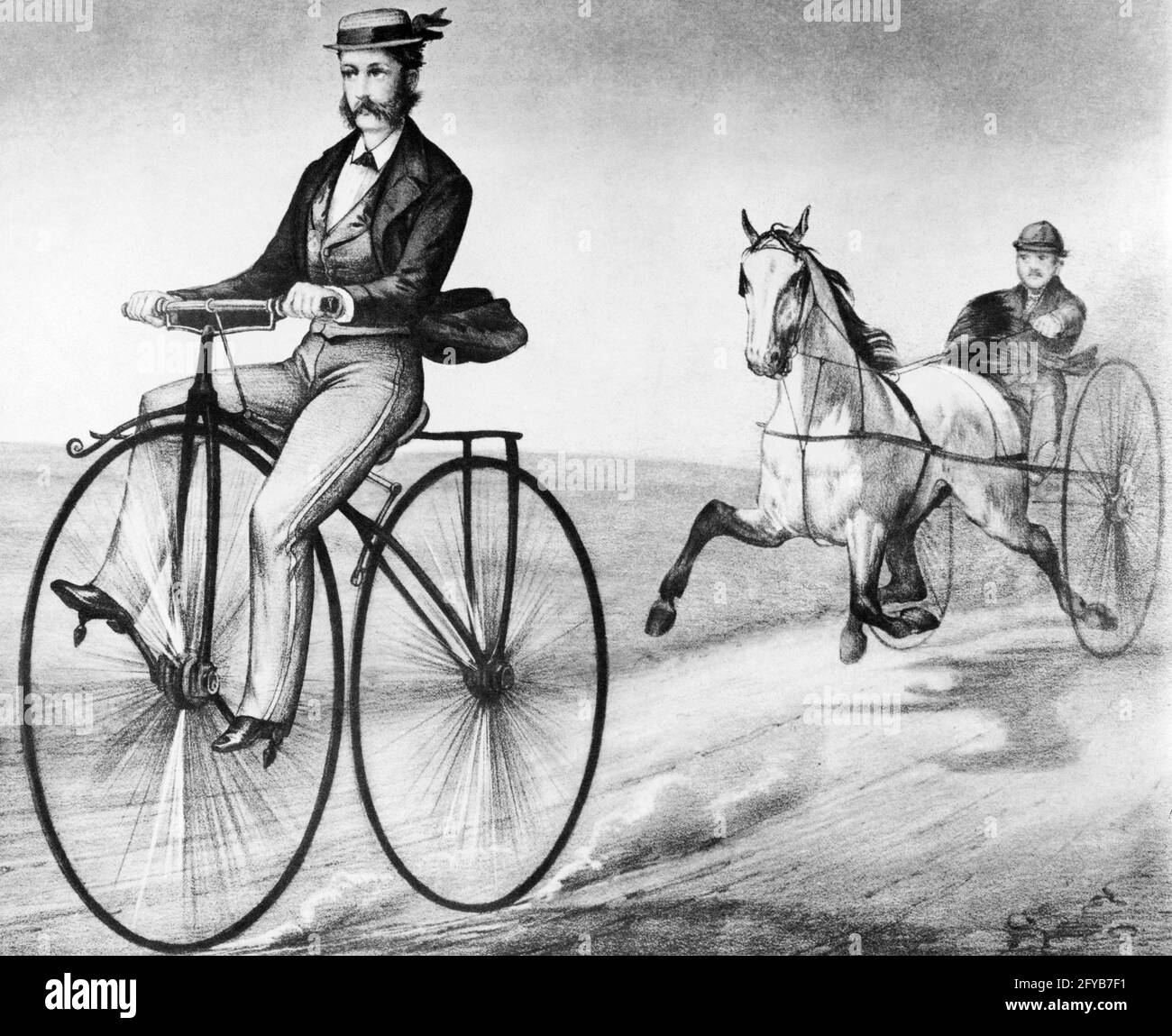 MANN AUS DEN 1860ER JAHREN, DER MIT EINEM VELOCIPEDE-FAHRRAD FÄHRT UND SICH VOR IHM ABREITET VON MANN UND STIMULATION PFERD ZUGGESCHIRR RENNEN SULKY - A720 LAN001 HARS SPORTLICHE RÄDER FAHRRÄDER TRANSPORT B&W FAHRRÄDER WAGEN SÄUGETIERE UND AUFREGUNG ERHOLUNG INNOVATION DER BESCHLEUNIGUNG ZYKLUS 1860ER GURTZEUG DIE PFEILENDEN WAGEN SULKY AHEAD FOLGTEN SCHNELLEREN SÄUGETIEREN, DIE VELOCIPEDE BLACK ZEIGTEN UND WEISSE KAUKASISCHE ETHNIE ALTMODISCH Stockfoto