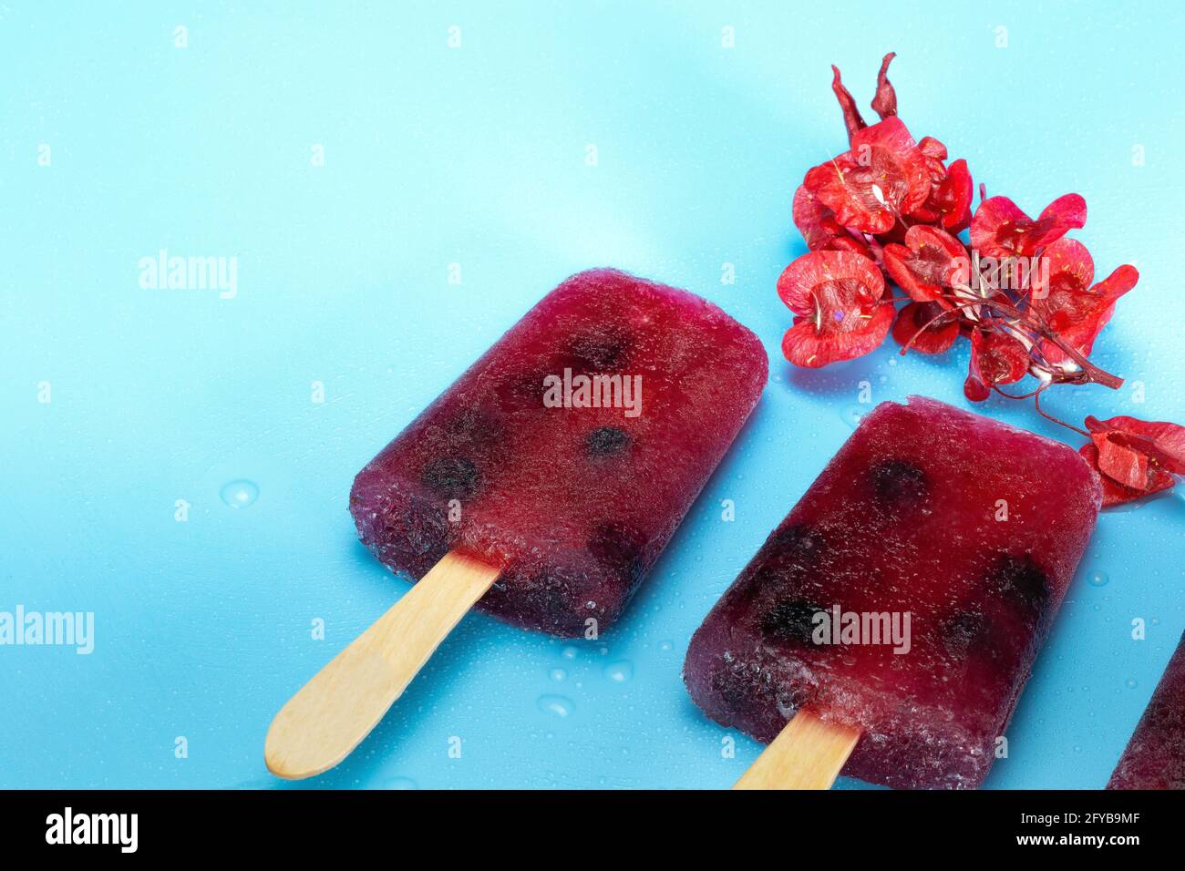 Hausgemachtes gesundes Heidelbeer-Eis-Eis-Eis auf frischem blauen Hintergrund, Sommer-Design mit Kopierraum bunte helle Farben Stockfoto