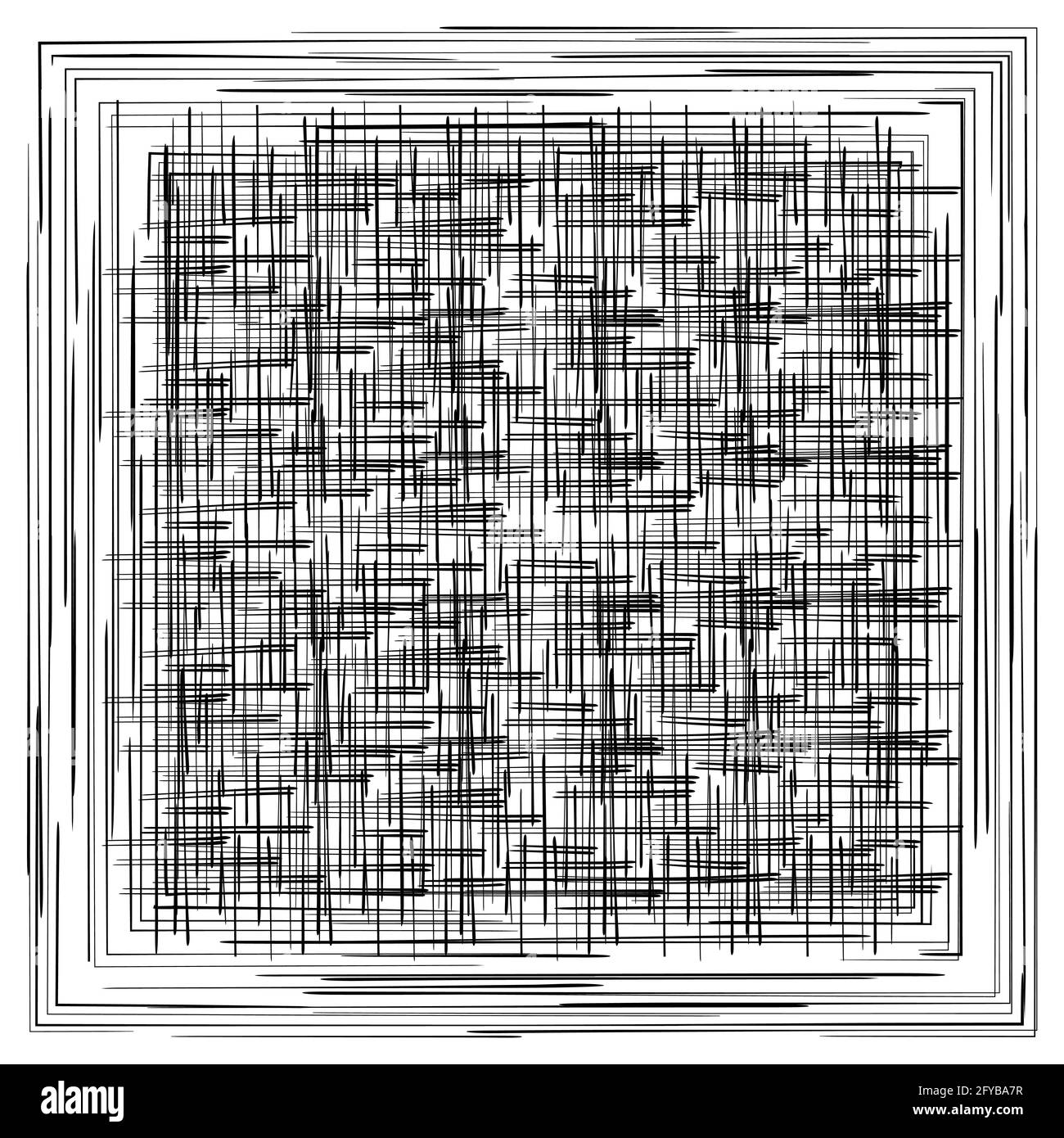 Schwarzer quadratischer Rahmen. Strukturiertes Muster mit Scrabble-Linien. Abstrakter Hintergrund. Doodle-Stil. Isolierte Vektorgrafik auf weißem Hintergrund Stock Vektor