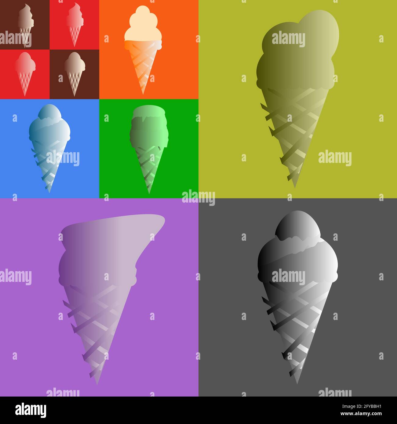 Mehrfarbiger Eiscreme. Eiscreme in verschiedenen Größen und Farben auf quadratischem Hintergrund. Isolierte Vektorgrafik für die Konstruktion Stock Vektor