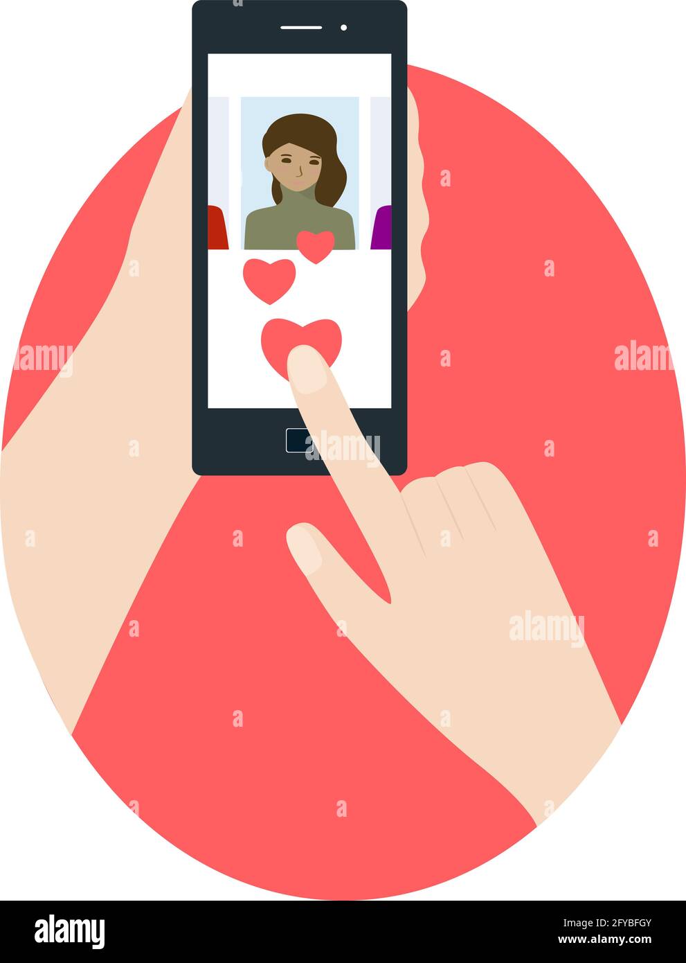 Menschliche Hand hält Smartphone und klickt auf Herz. Person, die die Online-Dating-App am Telefon nutzt. Mann und Frau auf der Suche nach Liebe und Beziehung. Online d Stock Vektor