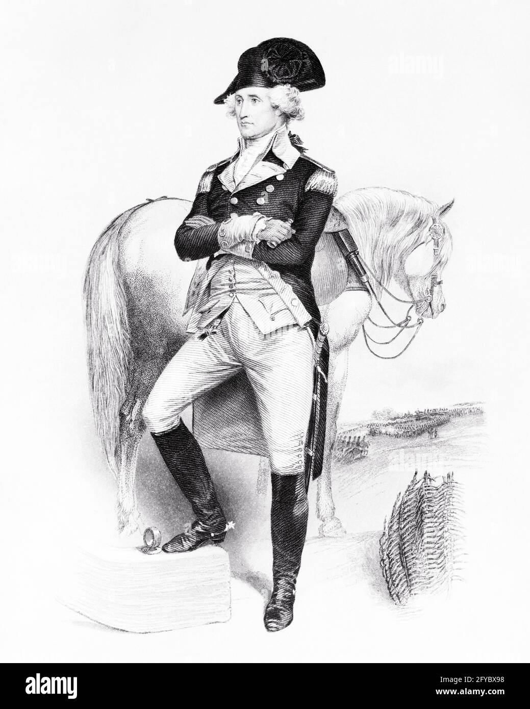 1770ER JAHRE GENERAL GEORGE WASHINGTON IN UNIFORM STEHEND MIT SEINEM PFERD ENTWEDER BLUESKIN ODER NELSON - H7798 HAR001 HIERT FREIHEITSKRIEGE SÄUGETIERE SEINE FÜHRUNG POLITIKER 1776 AUTORITÄT PATRIOT POLITIK UNIFORMEN KRIEG DER UNABHÄNGIGKEIT REVOLUTIONÄRE KRIEG STILVOLLE GEORGE WASHINGTON REVOLTE AMERIKANISCHEN REVOLUTIONÄR KRIEG ODER 1770ER JAHRE KOLONIEN SÄUGETIER MITTLEREN ERWACHSENEN MITTLEREN ERWACHSENEN MANN STAATSMANN SCHWARZ UND WEISSE KAUKASISCHE ETHNIE GRÜNDUNGSVATER HAR001 NELSON ALTMODISCH VIRGINIAN Stockfoto