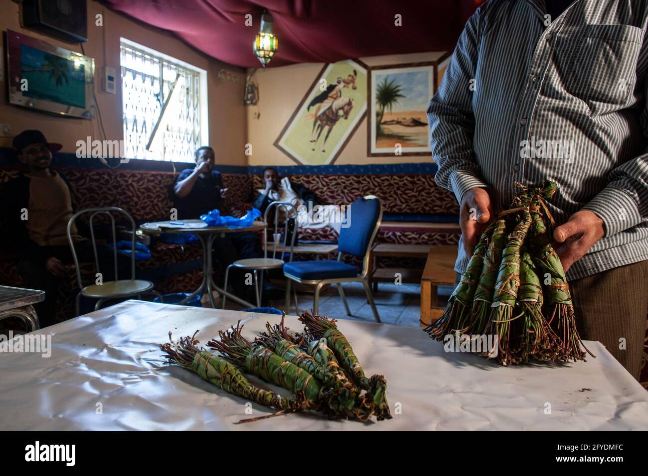 Camden, London, Großbritannien. Die Droge Khat auf dem Tisch im lokalen somalischen Café. Die hauptsächlich von Somaliern verwendete Droge wird im Vereinigten Königreich illegal. Stockfoto