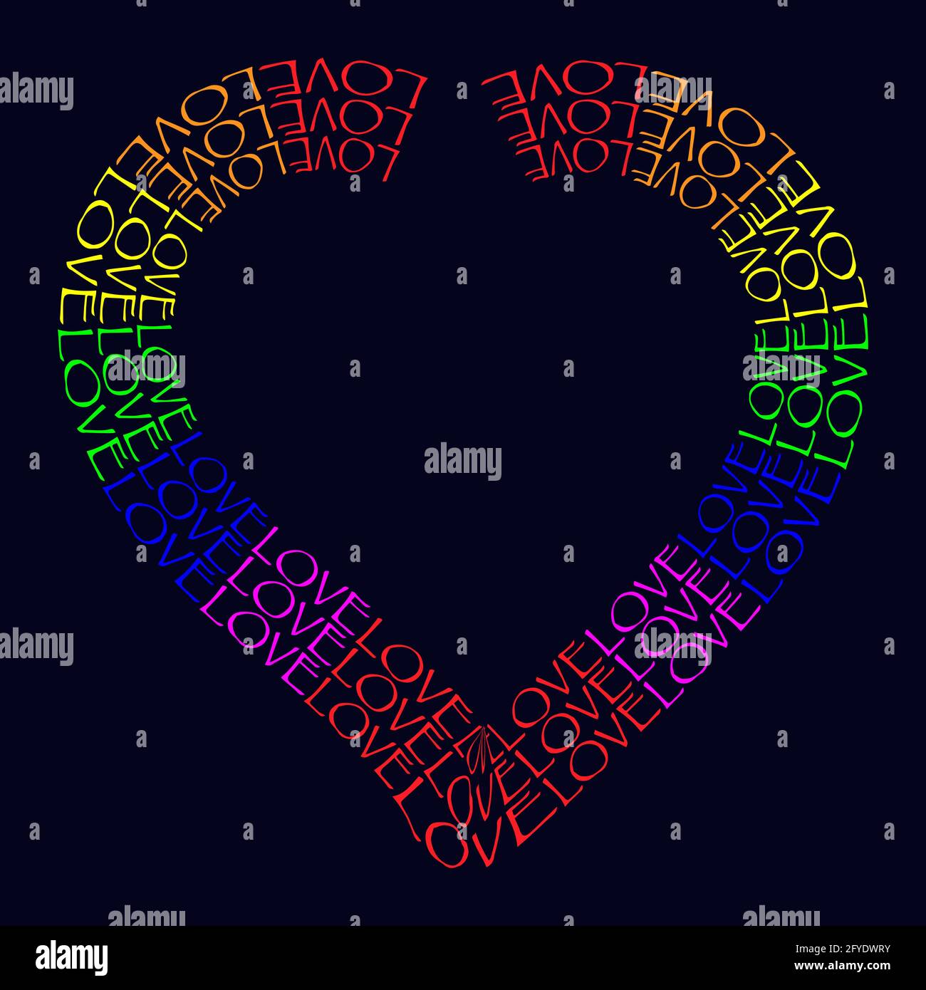 LGBT Regenbogen Herz Symbol Liebe. Herzform aus Worten LIEBE isolierte Vektor-Illustration auf dunkelblauem Hintergrund Stock Vektor