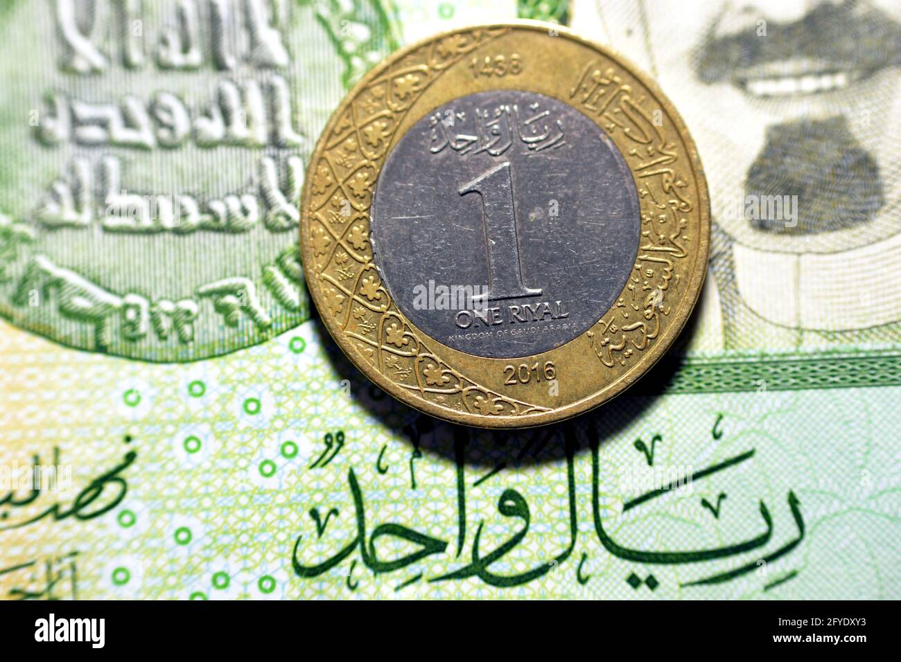Eine Saudi-arabische Rial-Münze ( Rückseite ) Jahr 2016 auf einem Hintergrund mit 1 Saudi-riyal-Papierbanknote, eine Metall-Banknote und eine Saudi-riyale zusammen, Saudi riyals Stockfoto