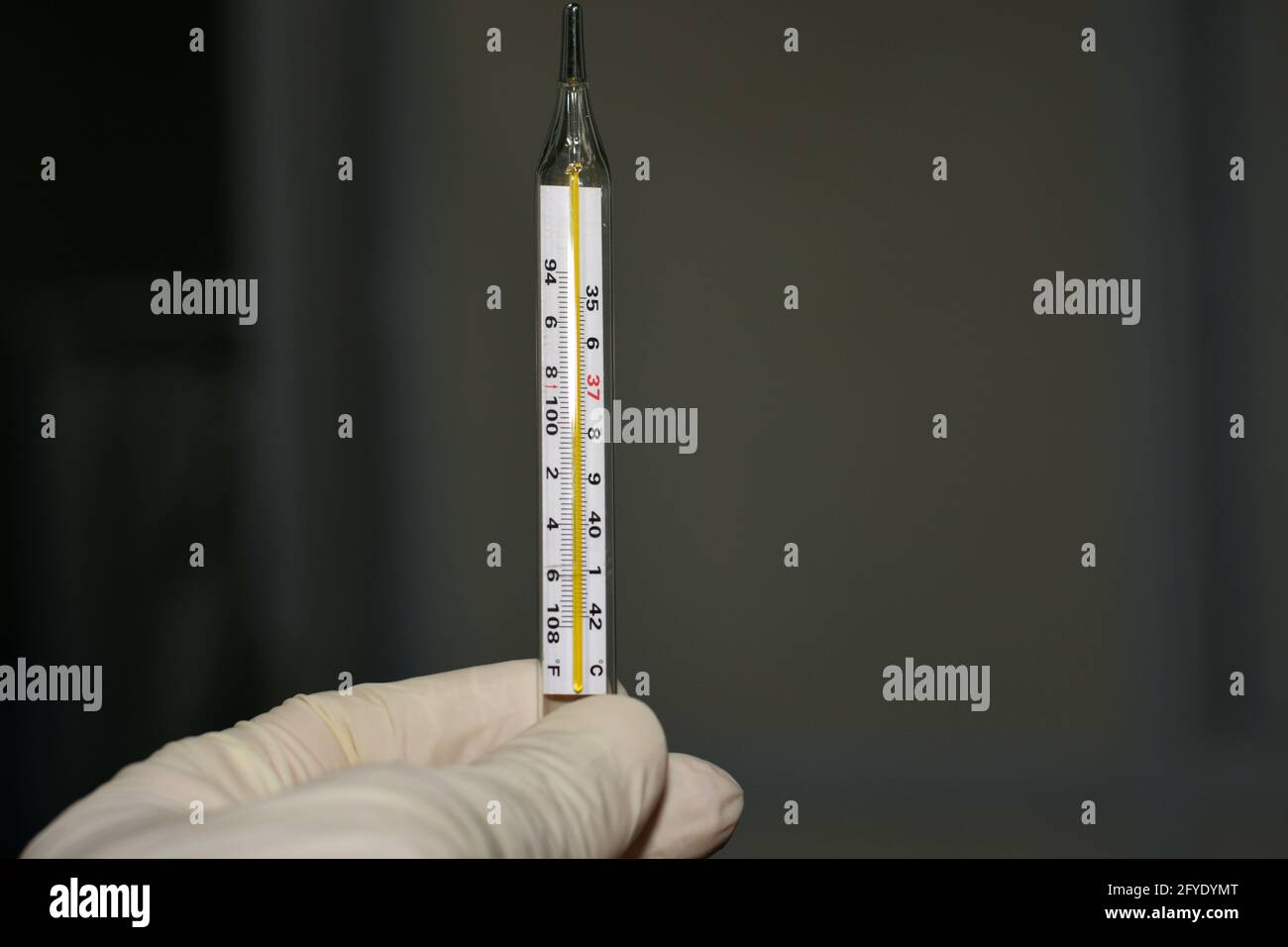 Medizinisches Quecksilberthermometer zur Messung der Körpertemperatur, klinisches Thermometer mit Fahrenheit- und Celsius-Messskalen, die ein zeigen Stockfoto