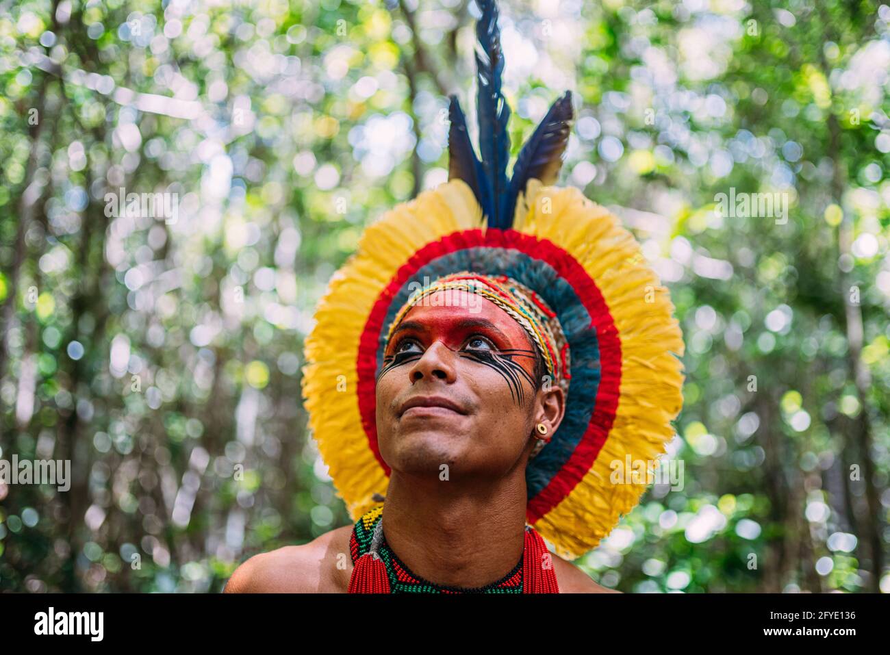 Indianer aus dem Stamm der Pataxó, mit Federkopfschmuck. Junger  brasilianischer Inder schaut nach links. Fokus auf Gesicht Stockfotografie  - Alamy