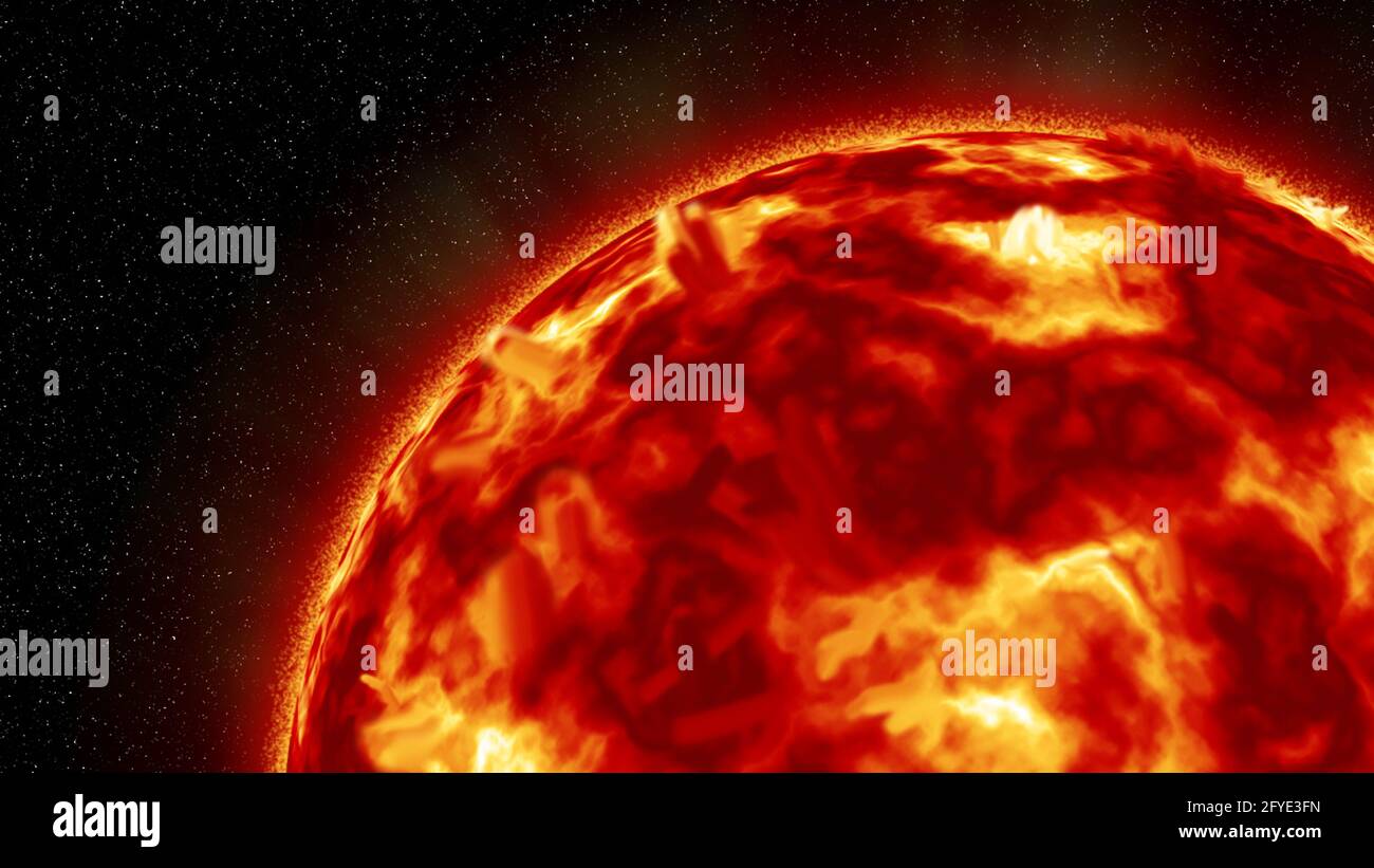 Eine sengende Oberfläche der Sonne und ihre starke Sonneneinstrahlung, die Sonnenstrahlung aus ihrem Kern in den Weltraum ausschleust Stockfoto