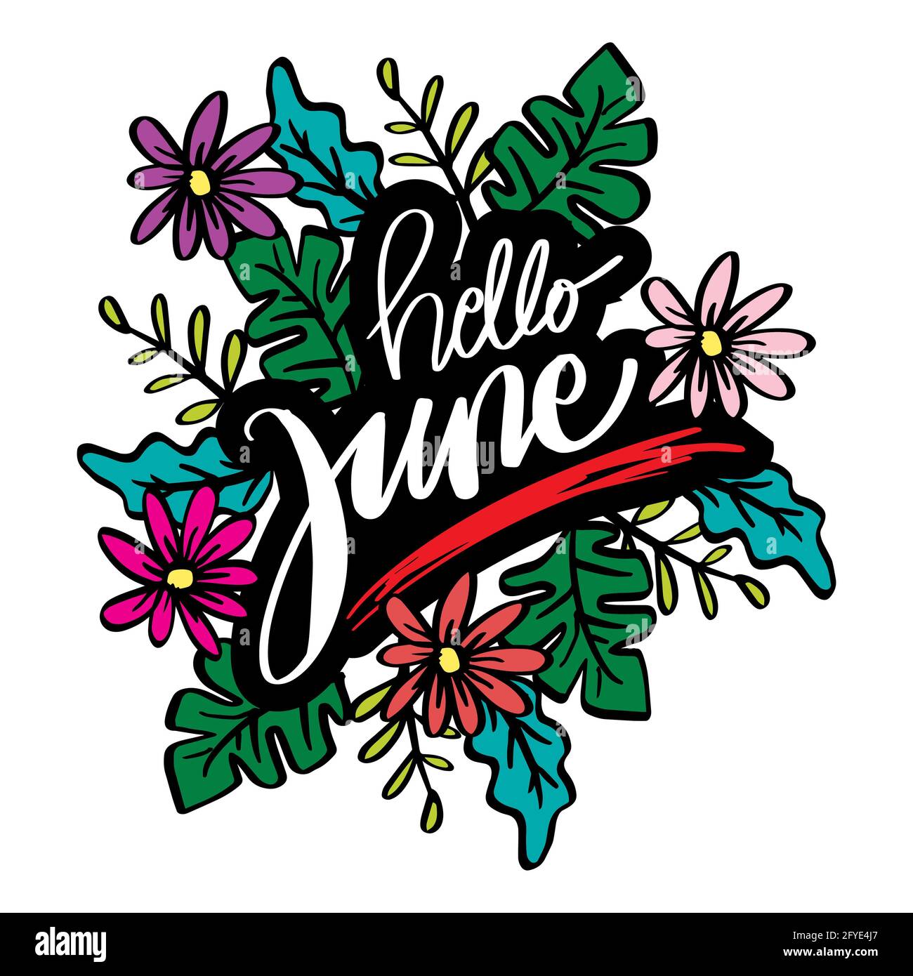 Hello June Handschriftzug mit floralem Ornament, Grußkarte. Stockfoto