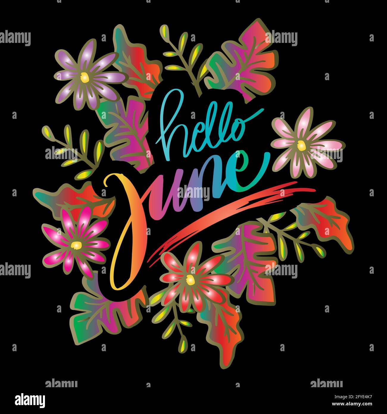 Hello June Handschriftzug mit floralem Ornament, Grußkarte. Stockfoto