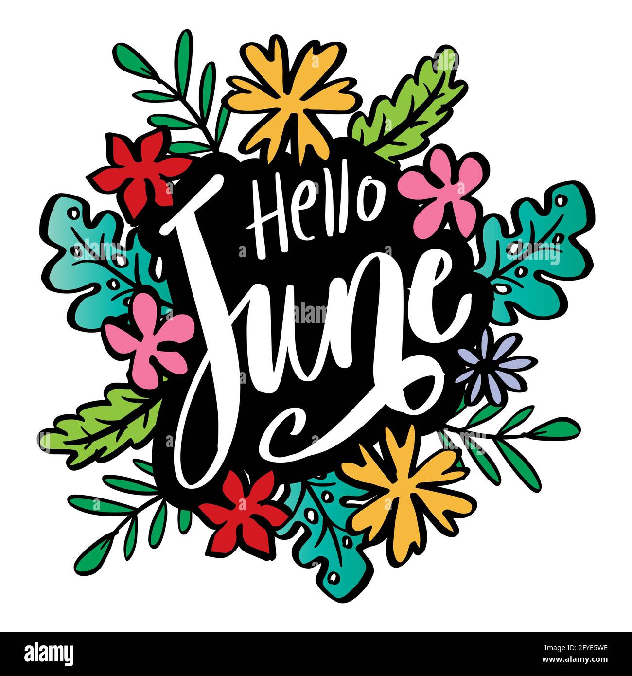 Hello June Handschriftzug mit floralem Ornament, Grußkarte. Stockfoto