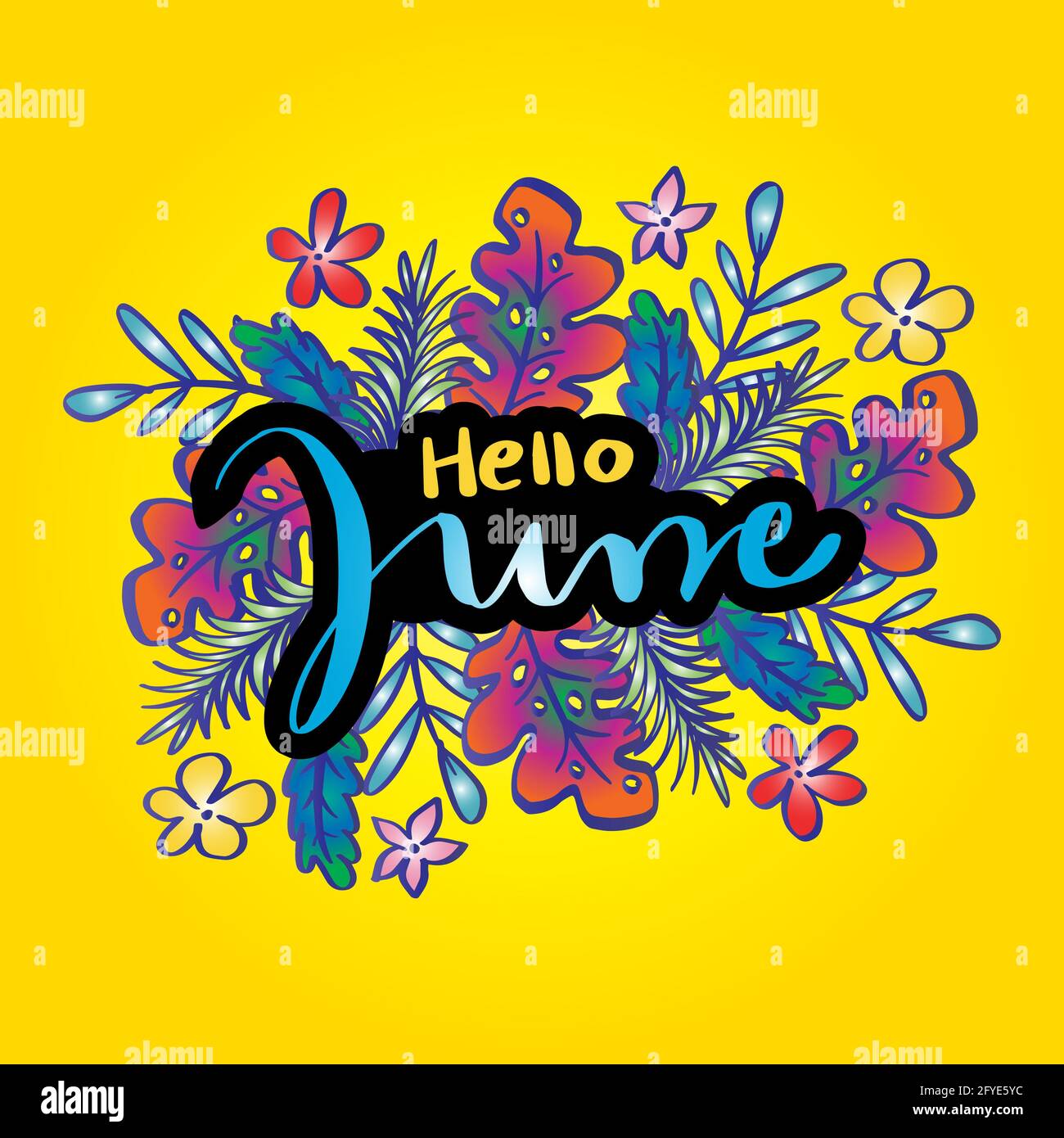 Hello June Handschriftzug mit floralem Ornament, Grußkarte. Stockfoto