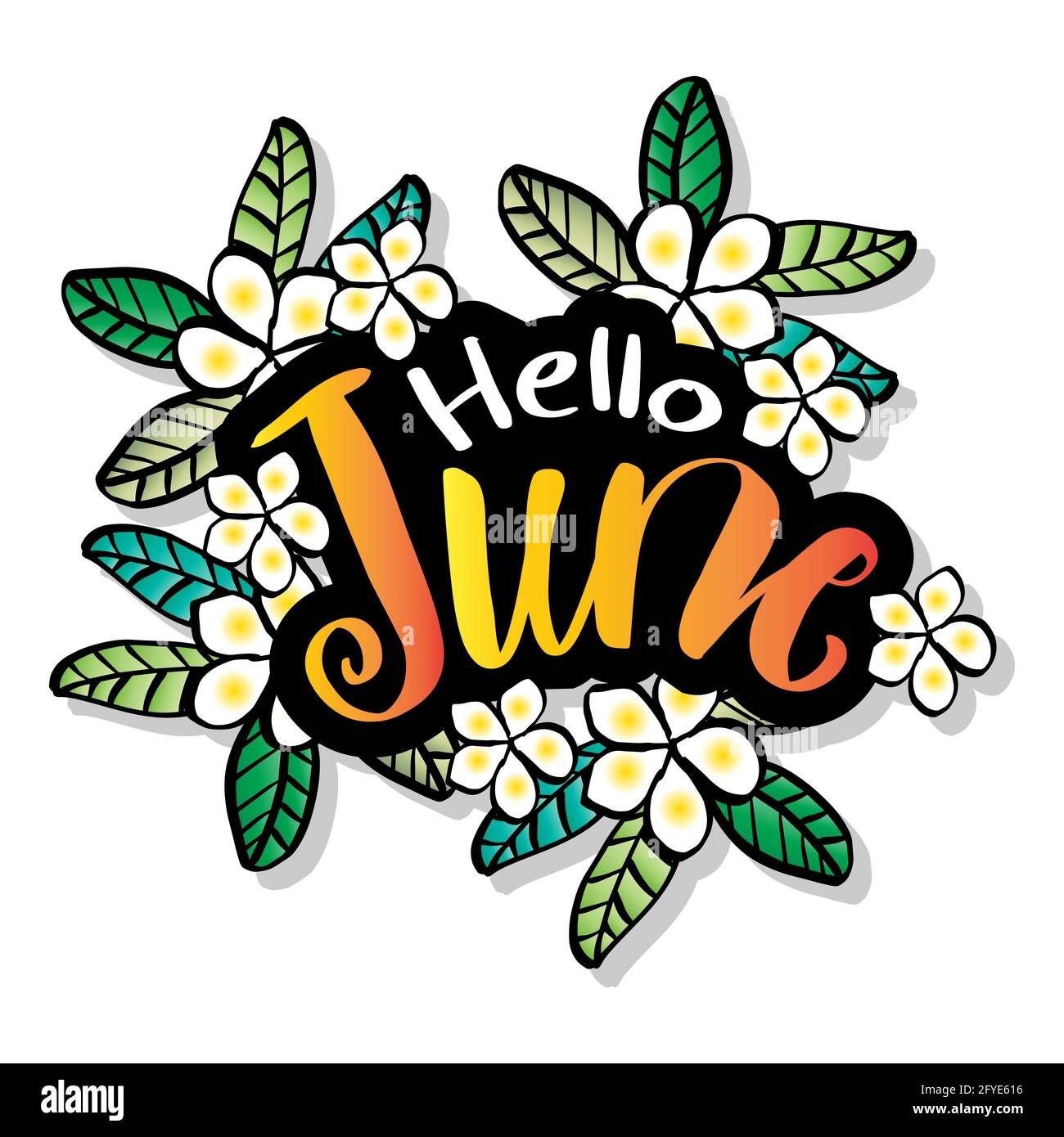 Hello June Handschriftzug mit floralem Ornament, Grußkarte. Stockfoto
