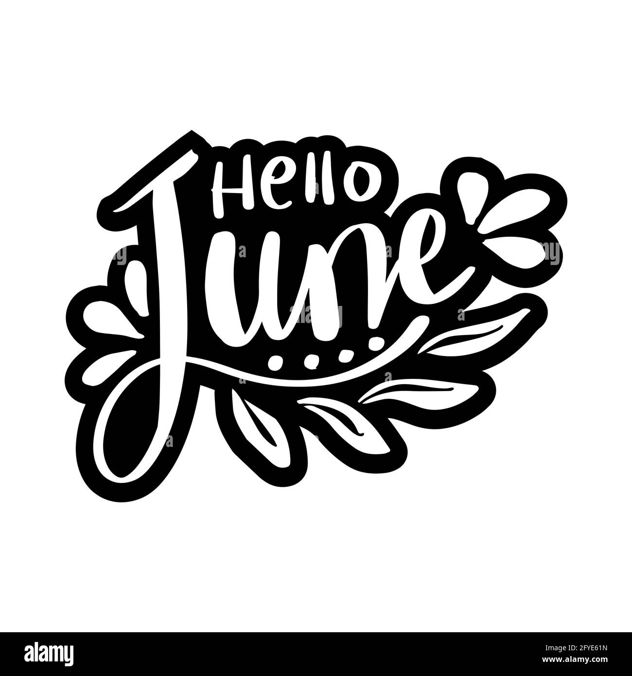Hello June Handschriftzug mit floralem Ornament, Grußkarte. Stockfoto