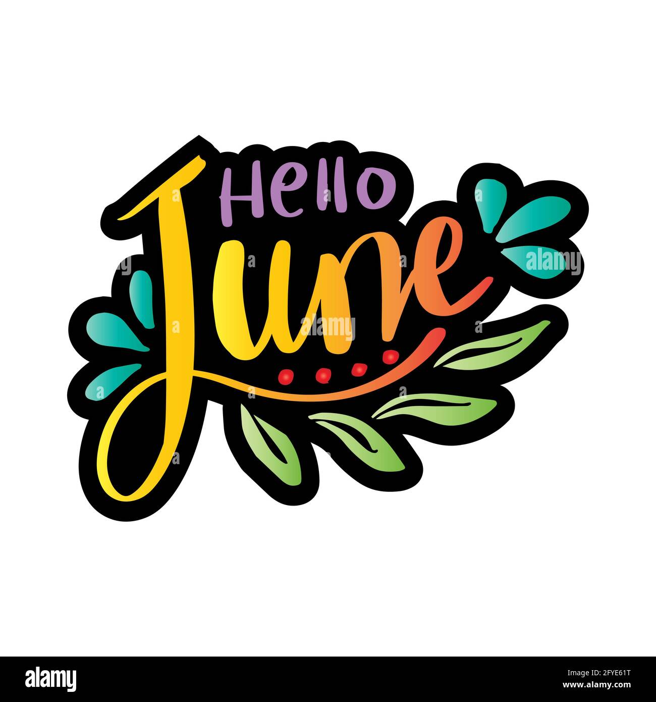 Hello June Handschriftzug mit floralem Ornament, Grußkarte. Stockfoto