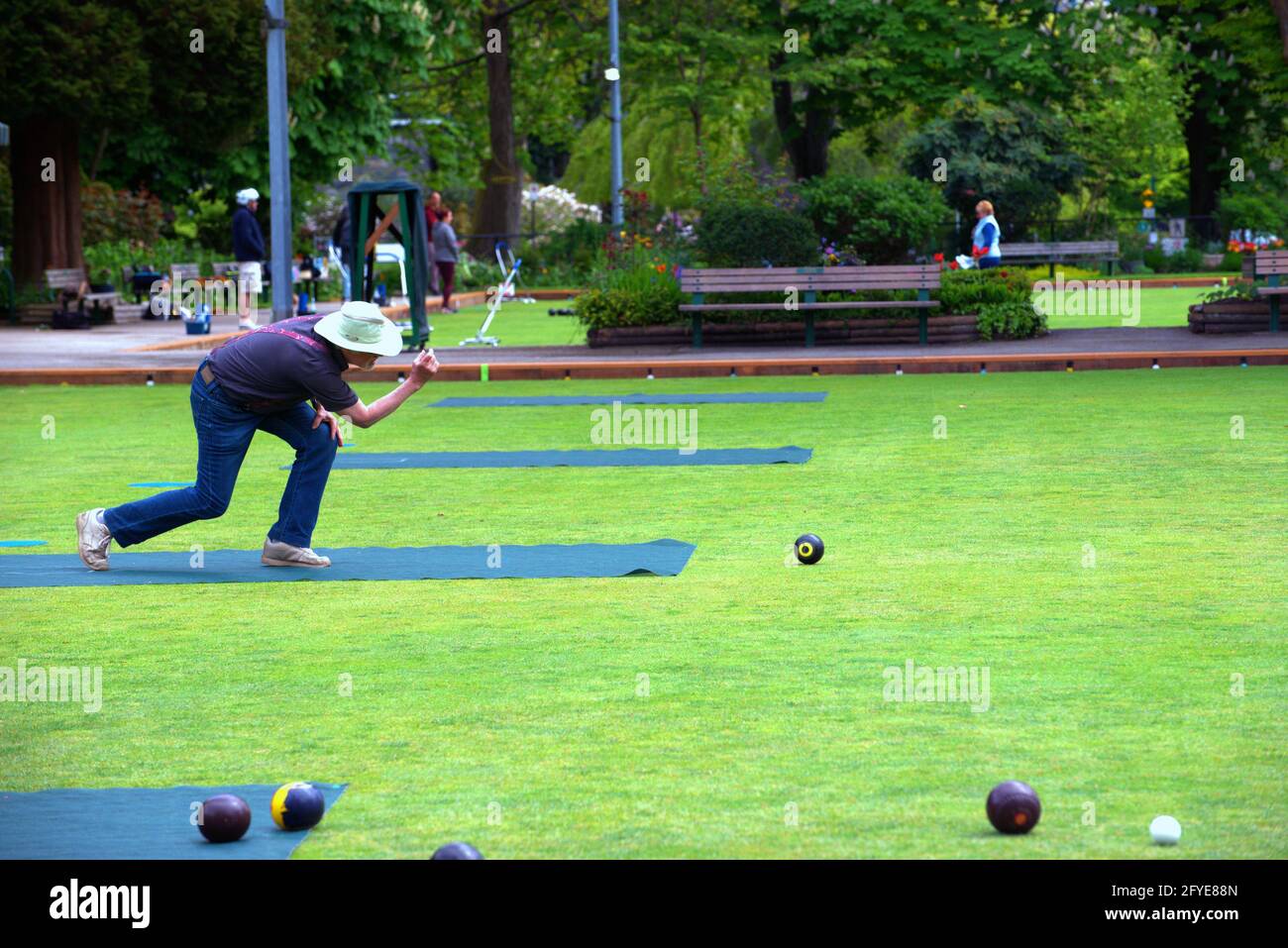 Ein älterer Mann, der einen schönen Tag im Stanley Park genießt und mit Freunden Lawn Bowling spielt. Vancouver, Kanada Stockfoto