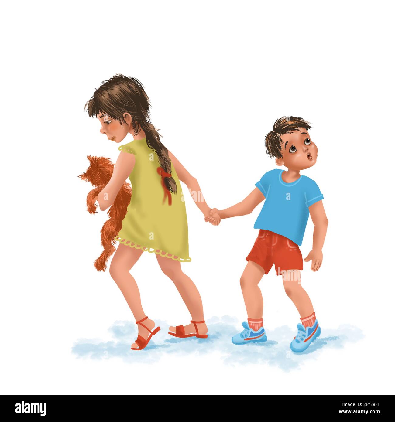 Eine strenge Schwester führt ihren jüngeren Bruder an der Hand. Niedliche Cartoon-Figur auf weißem Hintergrund isoliert. Die Katze ist in den Armen des Mädchens, das Klo des Jungen Stockfoto
