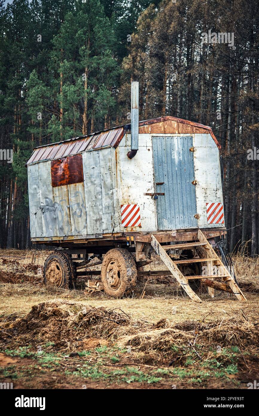 Altes rostetes Metallhalbleiderhaus mit Kamin und Holz Treppen stehen auf dem Feld von hohen Pinien unter Blau Himmel am Herbsttag Stockfoto