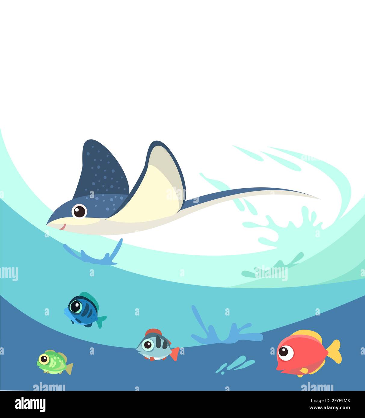 Stachelrochen. Kleine Landschaft. Unterwasserwelt. Wilde Tiere. Meer, Meer. Sommerwasser. Isoliert auf weißem Hintergrund. Illustration im Cartoon-Stil. Flach Stock Vektor