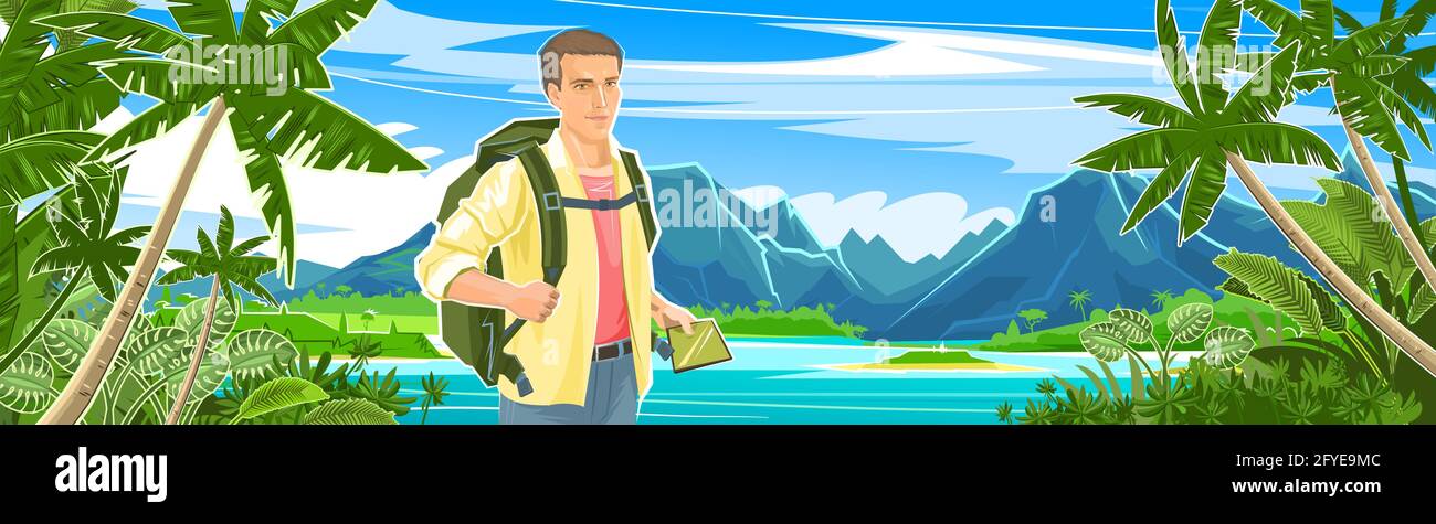 Netter Junge Tourist mit einem Tablet-Navigator. Rucksack. Vor dem Hintergrund einer wunderschönen Landschaft. Tropisches Meer, Berge und Palmen EIN Mann auf einem j Stock Vektor