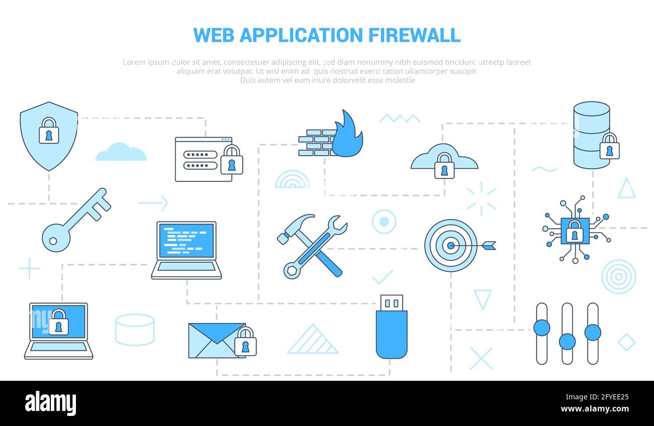 waf Web Application Firewall Konzept mit Icon Set Template Banner Mit modernem blauen Farbstil-Vektor Stockfoto