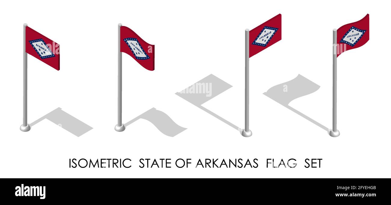 Isometrische Flagge des amerikanischen Staates Arkansas in statischer Position und in Bewegung auf Fahnenmast. 3d-Vektor Stock Vektor