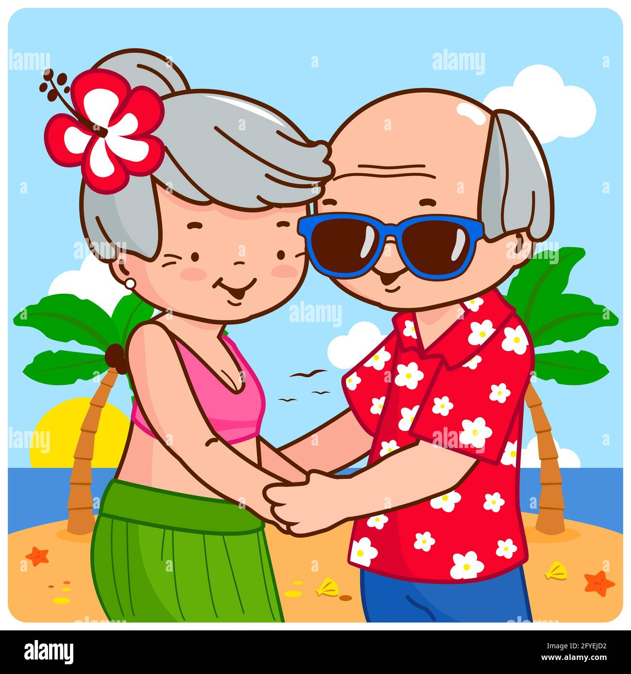 Ein älteres Paar an einem tropischen Strand auf einer Insel Urlaub. Stockfoto
