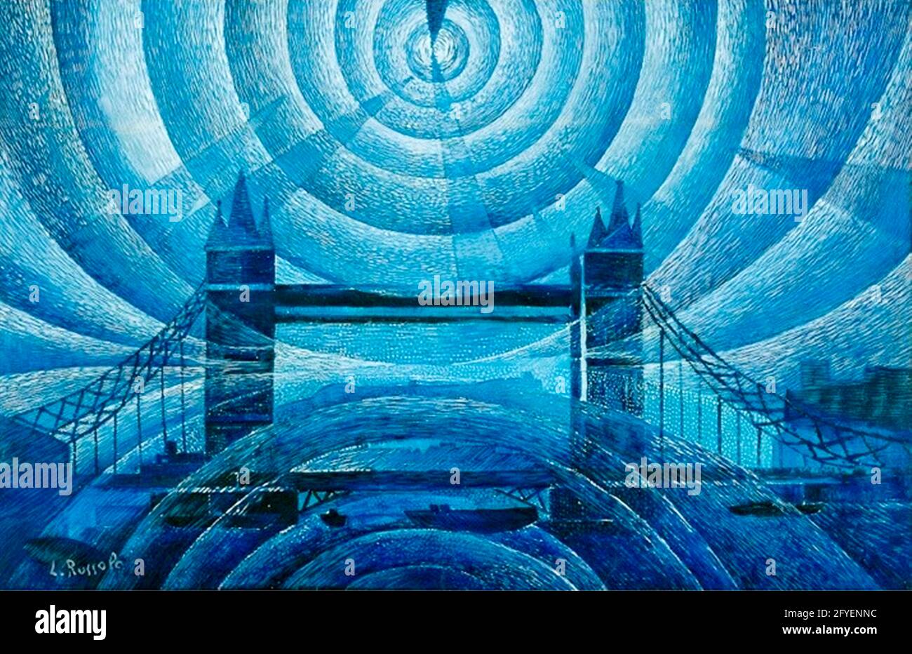 Luigi Russolo Kunstwerk mit dem Titel Tower Bridge. Ikonisches Gemälde der weltberühmten Londoner Brücke. In blau. Stockfoto