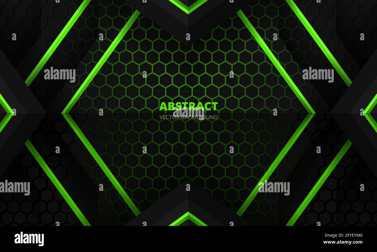 Futuristische Design-Vorlage für abstraktes Gaming-Banner in Schwarz und Grün mit sechseckiger Kohlefaser. Dark Tech hexagonal Konzept Vektor Hintergrund für Spiel Stock Vektor