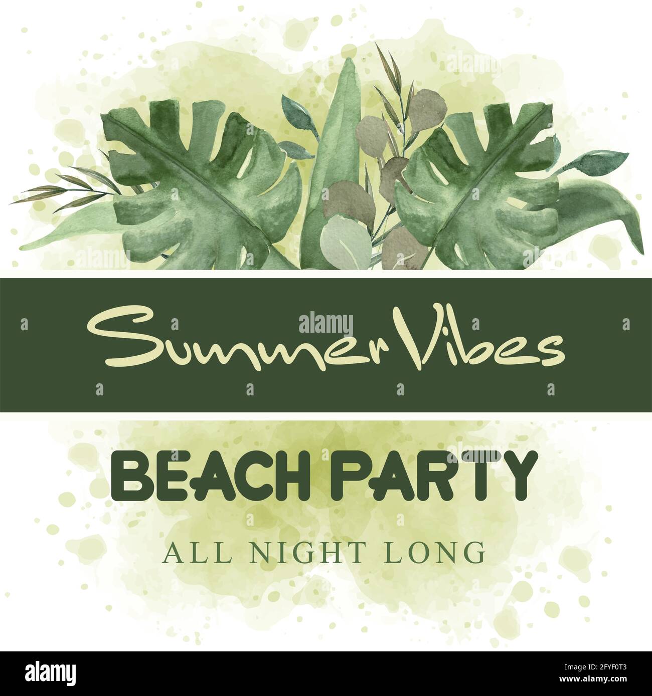 Wasserfarbenes Sommerbanner mit tropischen Blättern. Banner für Strandparty Stock Vektor