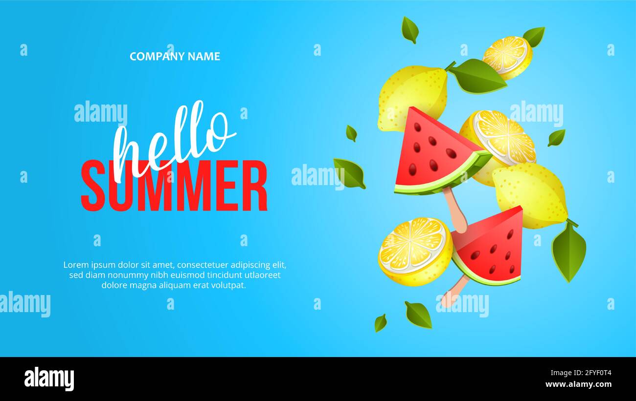 Sommer helles Banner mit reifen Früchten und rotem Stück Wassermelone auf einem Stock Stock Vektor