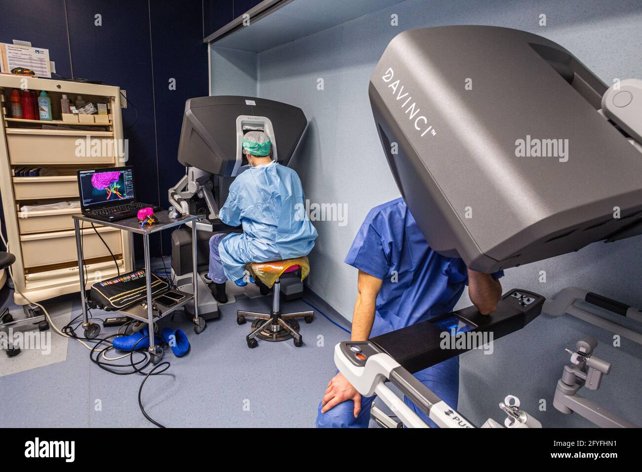 Bildgeführte, robotische konservative Nierenchirurgie unterstützt durch 3D-Modellierung, führt diese 3D-Modellierung der Niere mit ihrem Tumor in violett die e an Stockfoto