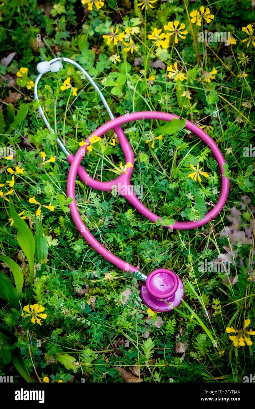 Stethoskop auf Rasen. Stockfoto