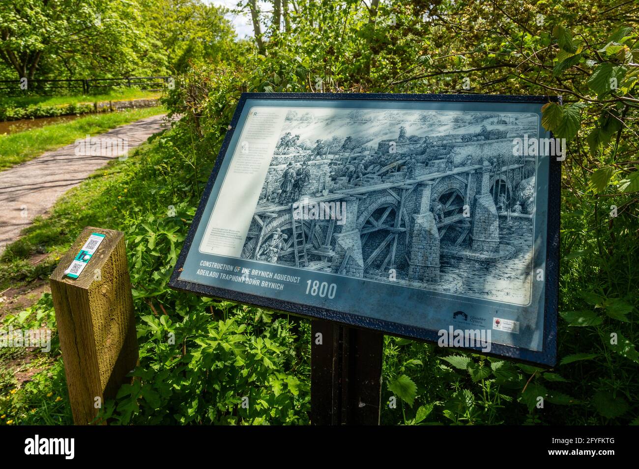 Informationboard, das den Bau des Aquädukts Brynich in der Nähe von Brecon am Monmouthshire und am Brecon Canal in Powys, Wales, Großbritannien, beschreibt Stockfoto