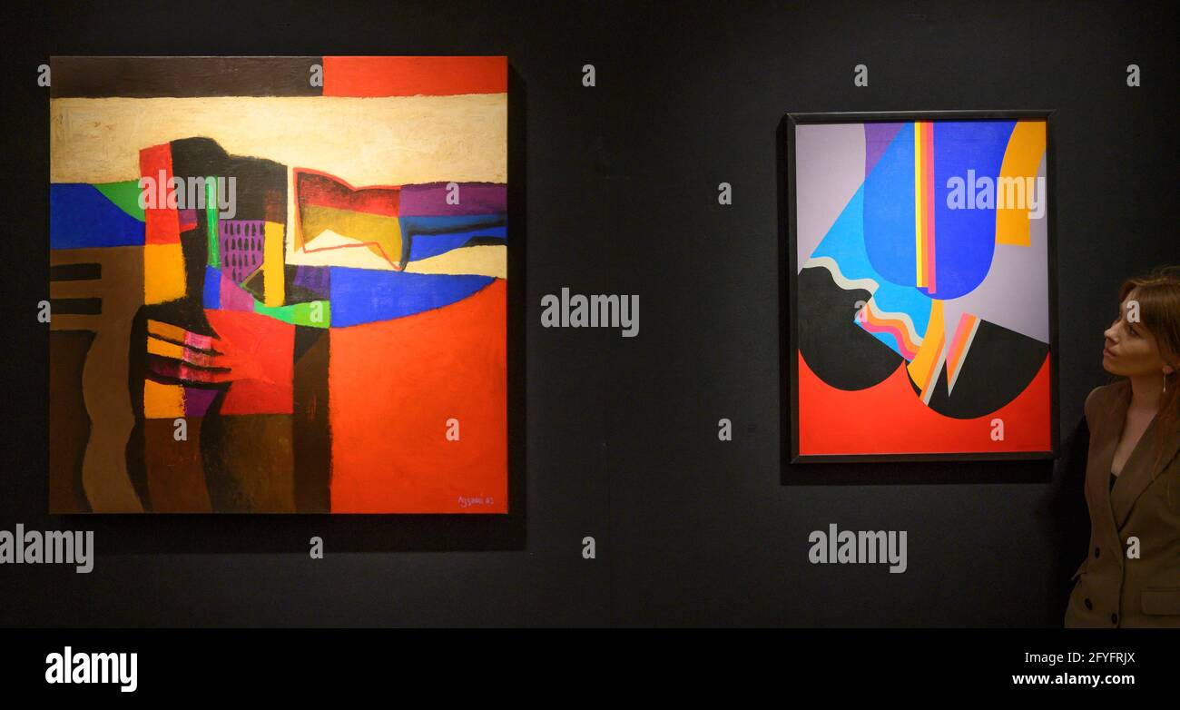 Bonhams, London, Großbritannien. 28 Mai 2021. Bonhams Moderne und zeitgenössische Kunst des Nahen Ostens, einschließlich Baghdadiyat, Verkaufsvorschau. Der Verkauf findet am 2. Juni 2021 statt. Bild (links): Dia Azzawi (Irak, geboren 1939). Improvisation II, Schätzung: £20,000-30,000; (rechts): Mohamed Melehi (Marokko, 1936-2020). Ohne Titel, Schätzung: £15,000-25,000. Quelle: Malcolm Park/Alamy Live News. Stockfoto