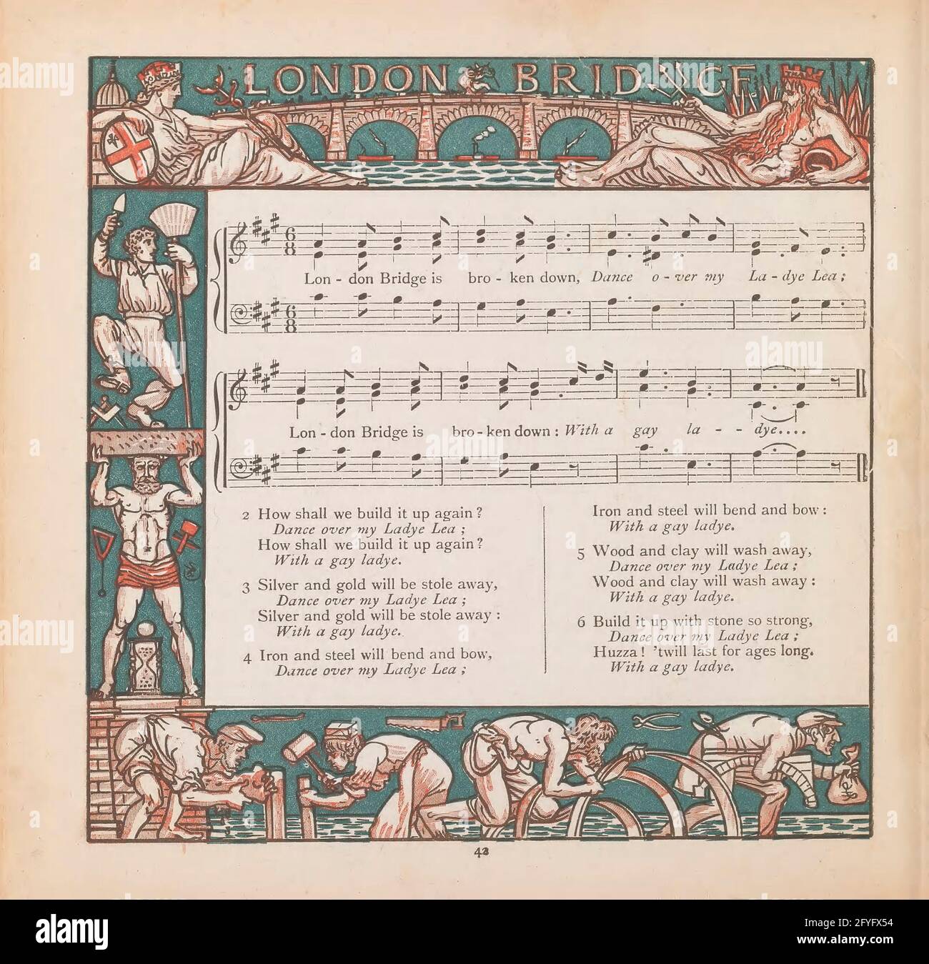 London Bridge Noten aus dem Buch „der Blumenstrauß des Babys: Ein frischer Haufen alter Reime und Melodien“ von Crane, Walter, 1845-1915; Crane, Lucy, 1842-1882; Evans, Edmund, 1826-1905; Verlag George Routledge and Sons (London und New York) 1878 Stockfoto